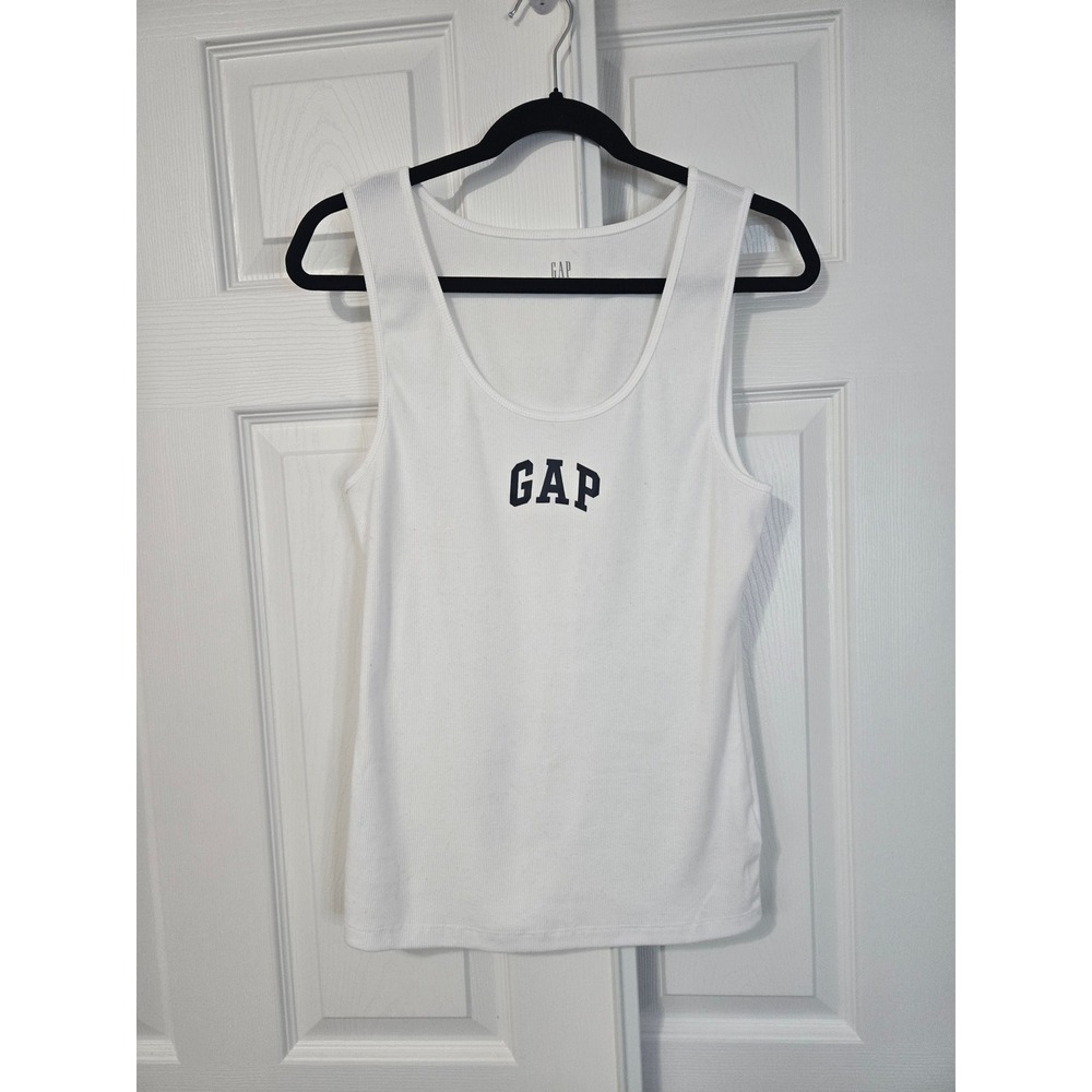 Gap Womens White Ribbed Spell Out Tank Top Scoop Neck Sleeveless Large